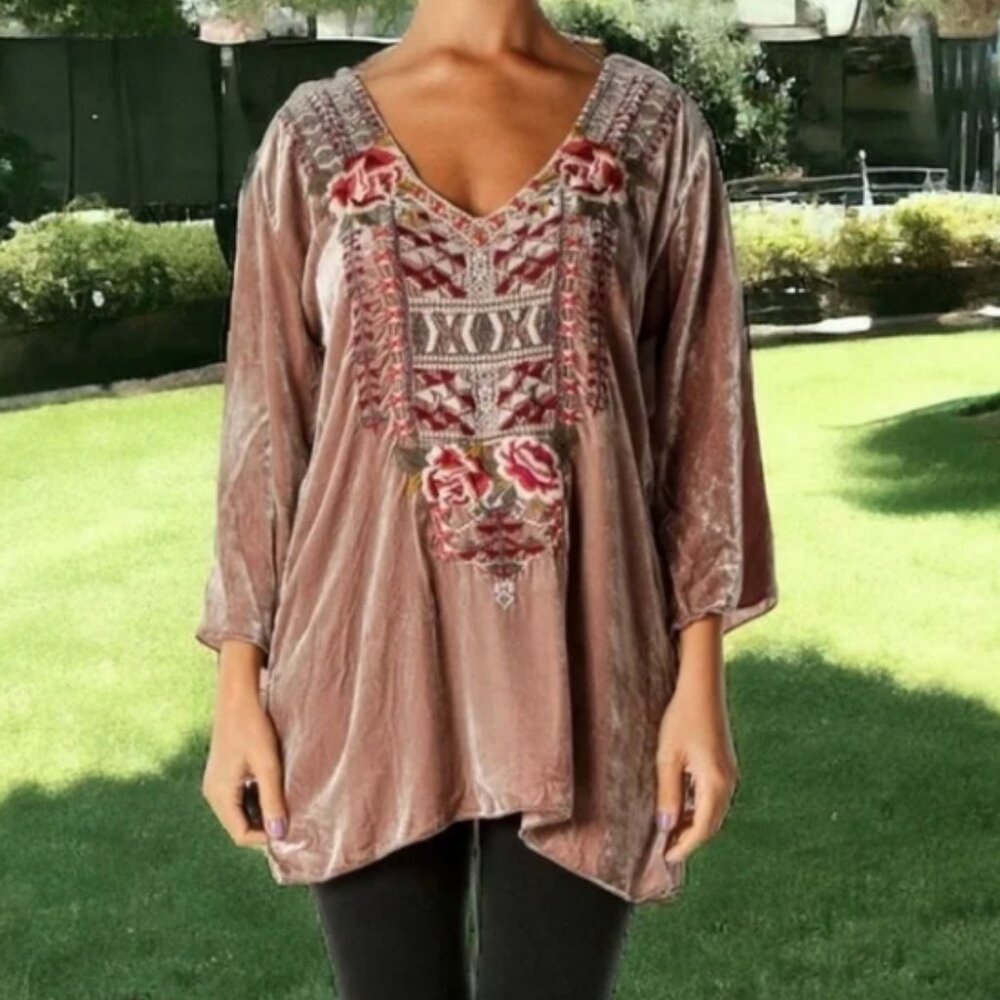 JOHNNY WAS ISSORIA RAYON SILK EMBROIDERED TUNIC
